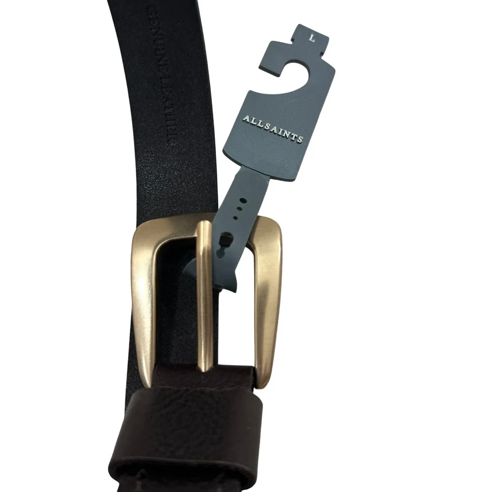 AllSaints Mens Deep Brown Genuine Leather 32mm Casual Belt Gold Buckle Large NEW